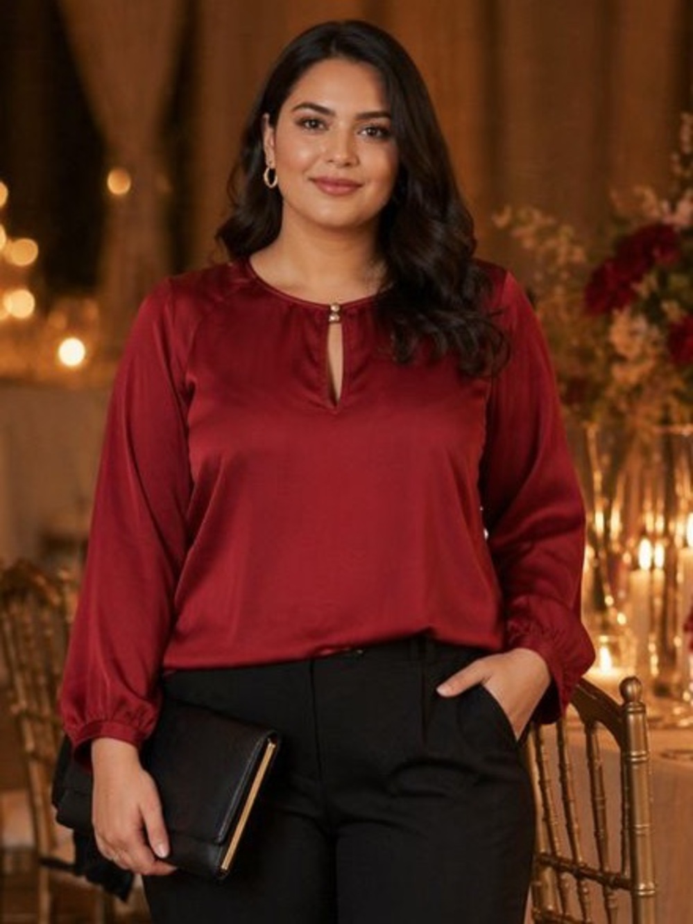 Marks & Spencer Red Satin Blouse Size 8 Long Sleeve Keyhole Neck Work Party Top